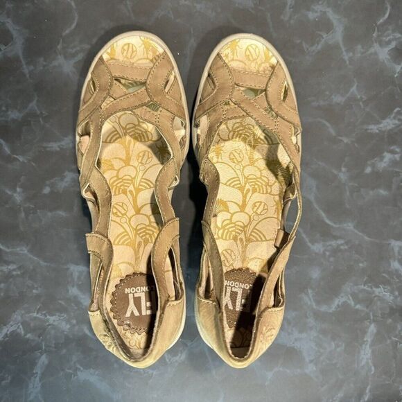 Fly London Yadi Taupe Leather Slip on Peep-toe Wedge Sandals Cut Out Size 6-6.5 - Picture 6 of 8